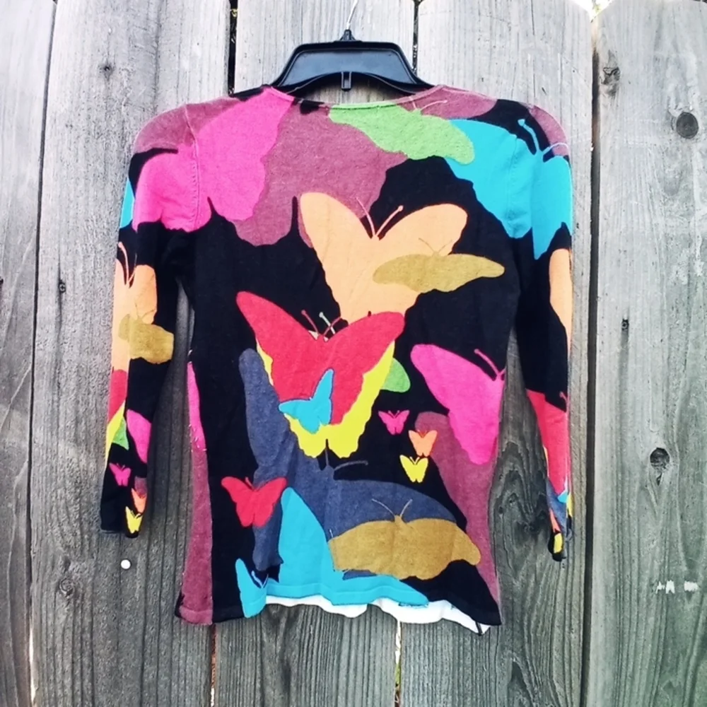 VINTAGE ALBERTO MAKALI BUTTERFLY BEADED SZ S COLORED PATTERN TOP Y2K ROUND NECK - Picture 2 of 9